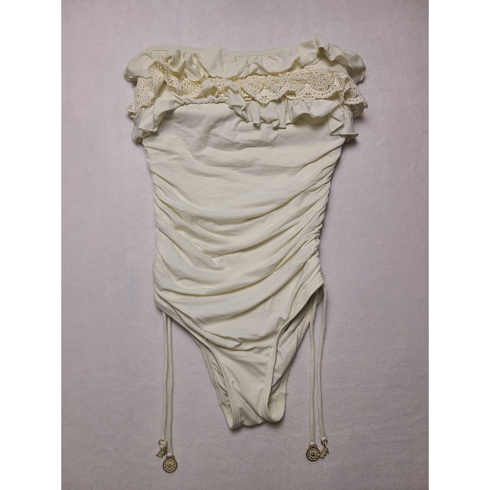 Y2K Juicy Couture S One Piece Swimsuit Boho Ruffle Crochet Cream Strapless 00s